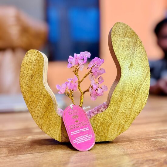 Unique Rose Quartz Table Decoration in Mango Wood Ring – 60-Stone Energy Tree